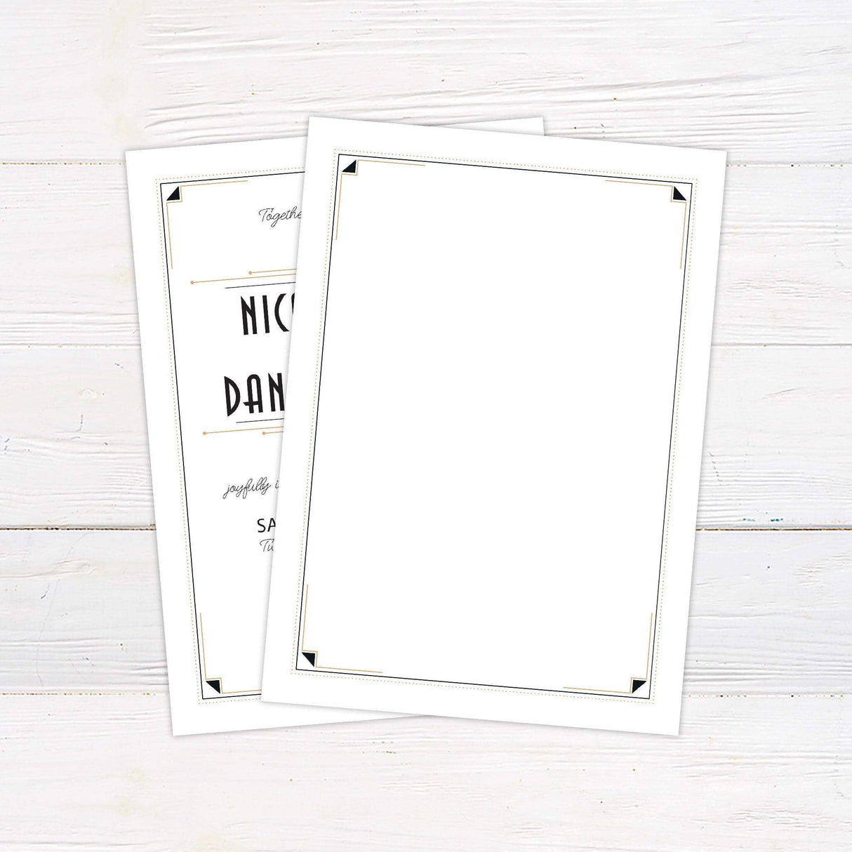 Art deco wedding invitation with vintage fonts, gold and charcoal accents, and geometric border detailing for a Gatsby-style celebration. back