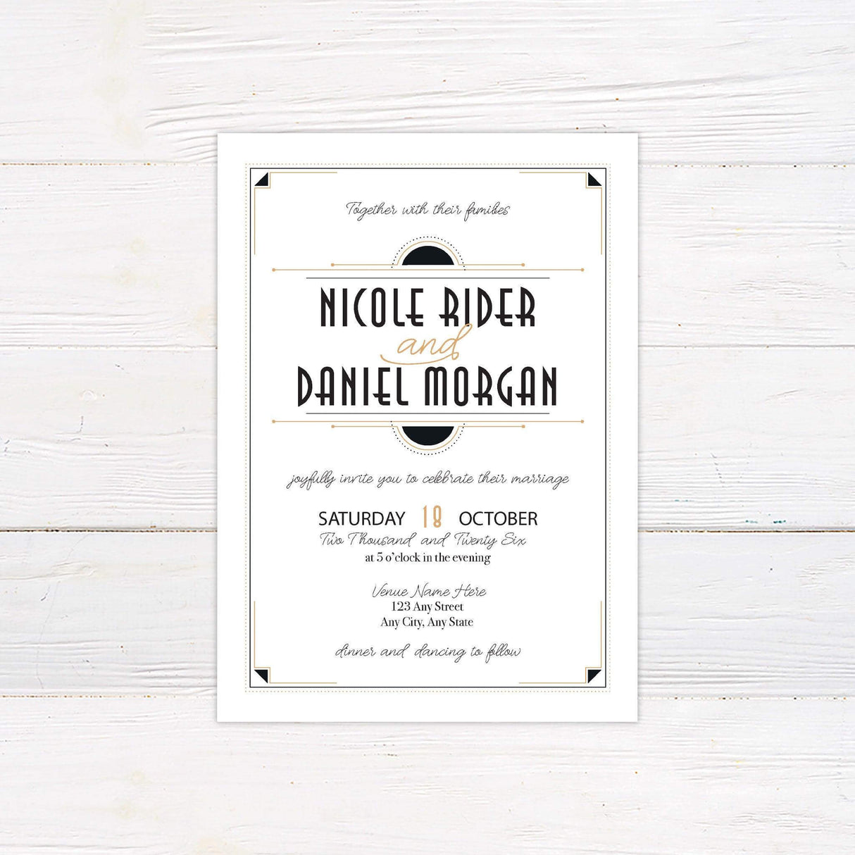 Art deco wedding invitation with vintage fonts, gold and charcoal accents, and geometric border detailing for a Gatsby-style celebration.