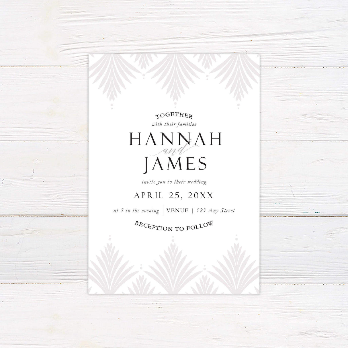 Classic wedding invitation with Art Deco pattern, serif and script fonts, and curved text layout on a white background.