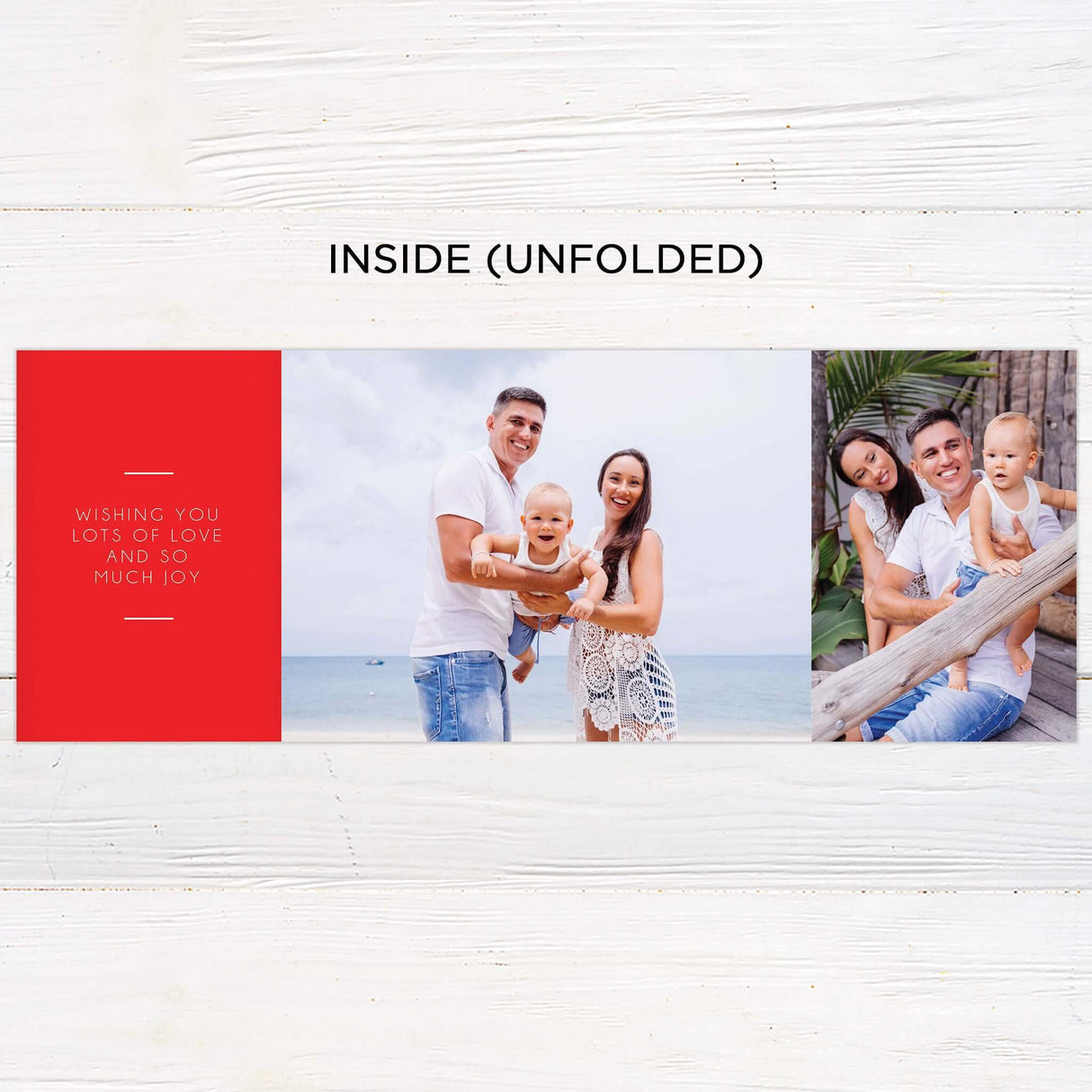 This festive holiday card design features a bold red background with modern typography and personalized photo placement. The layout is perfect for showcasing warm beachside or outdoor family moments and includes space for heartfelt greetings and names. - inside.