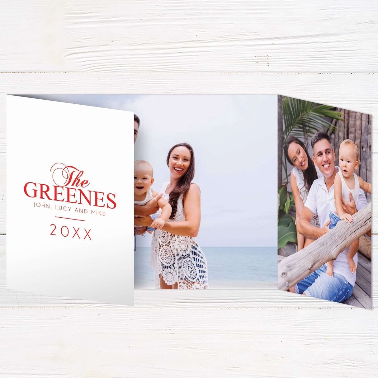This festive holiday card design features a bold red background with modern typography and personalized photo placement. The layout is perfect for showcasing warm beachside or outdoor family moments and includes space for heartfelt greetings and names.