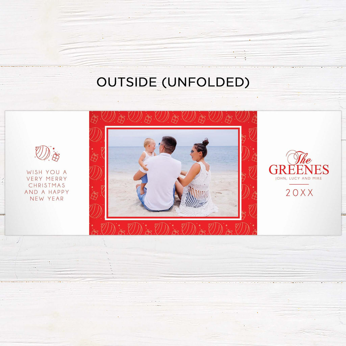 This festive holiday card design features a bold red background with modern typography and personalized photo placement. The layout is perfect for showcasing warm beachside or outdoor family moments and includes space for heartfelt greetings and names. - outside.