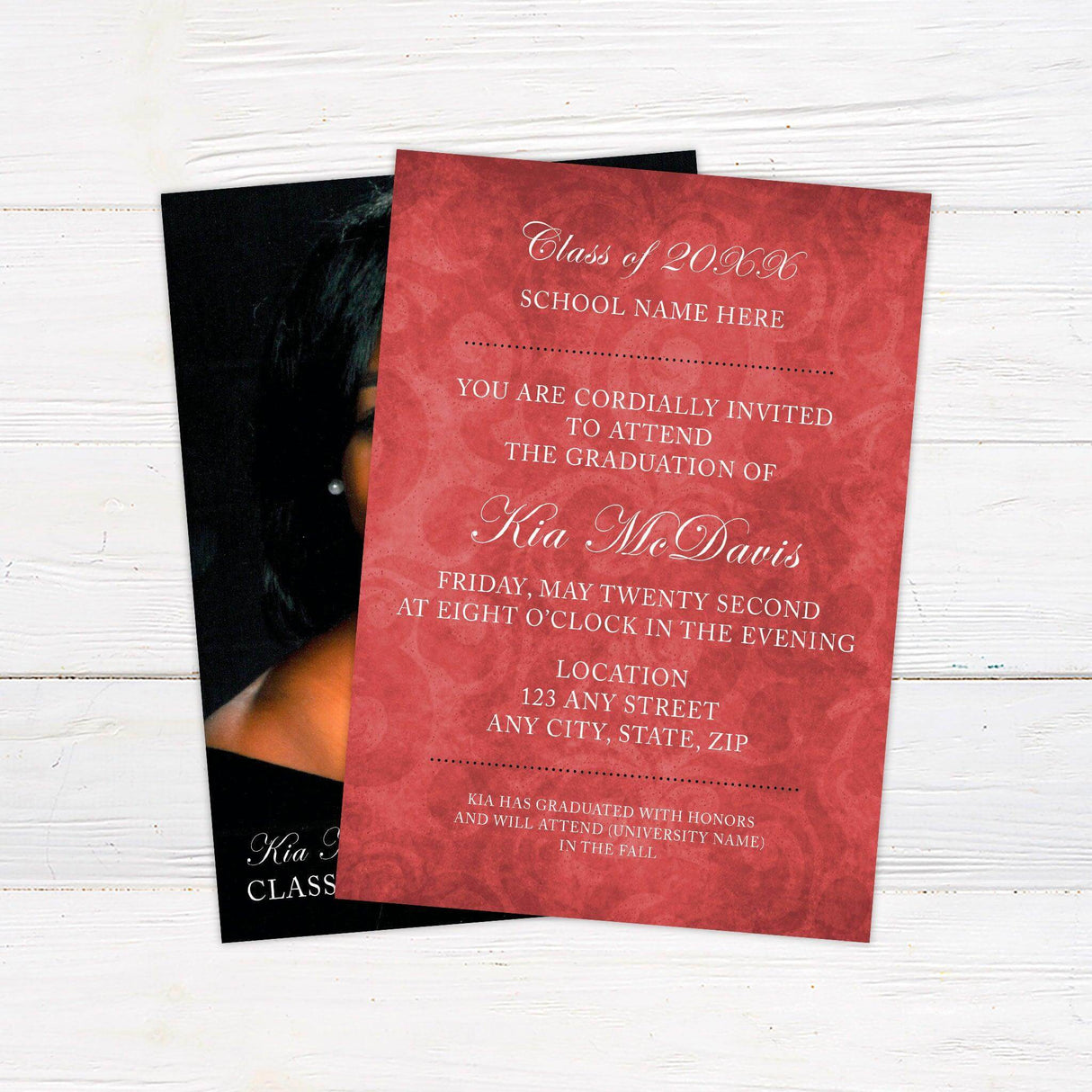 Elegant senior portrait graduation announcement featuring a full senior photo on one side and custom graduation details on the other. This personalized printed card includes the graduate’s name, class year, school, and event details, making it a stylish keepsake for high school or college graduates. Red