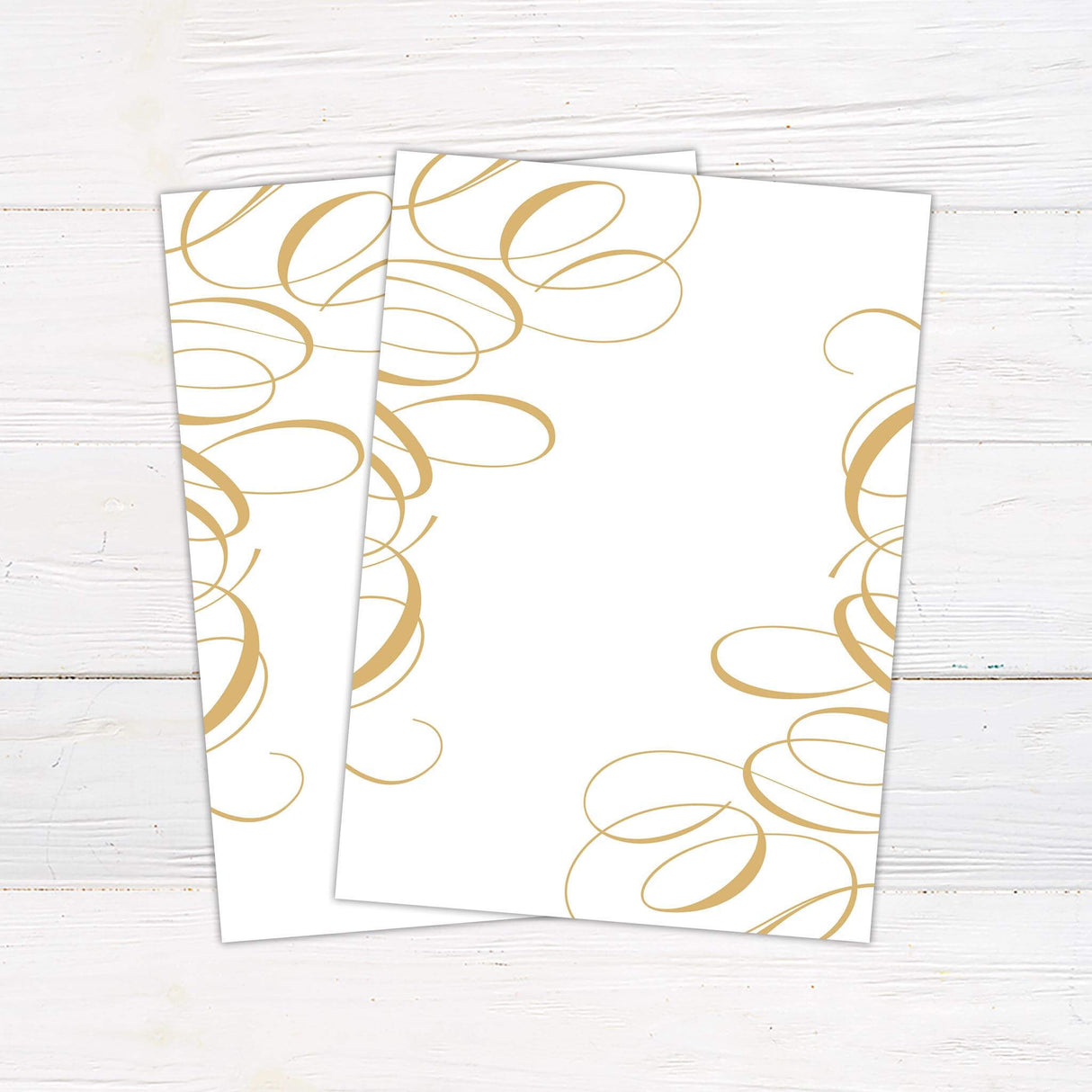 Elegant wedding invitation with gold calligraphy swirls, serif and script fonts, ivory background, and formal layout - back