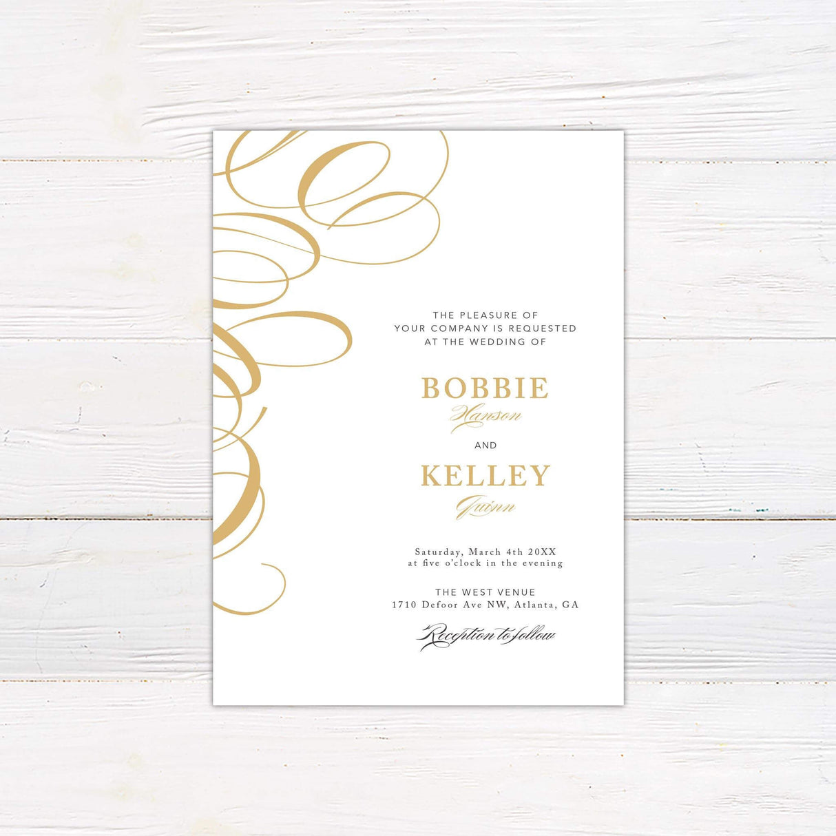 Elegant wedding invitation with gold calligraphy swirls, serif and script fonts, ivory background, and formal layout