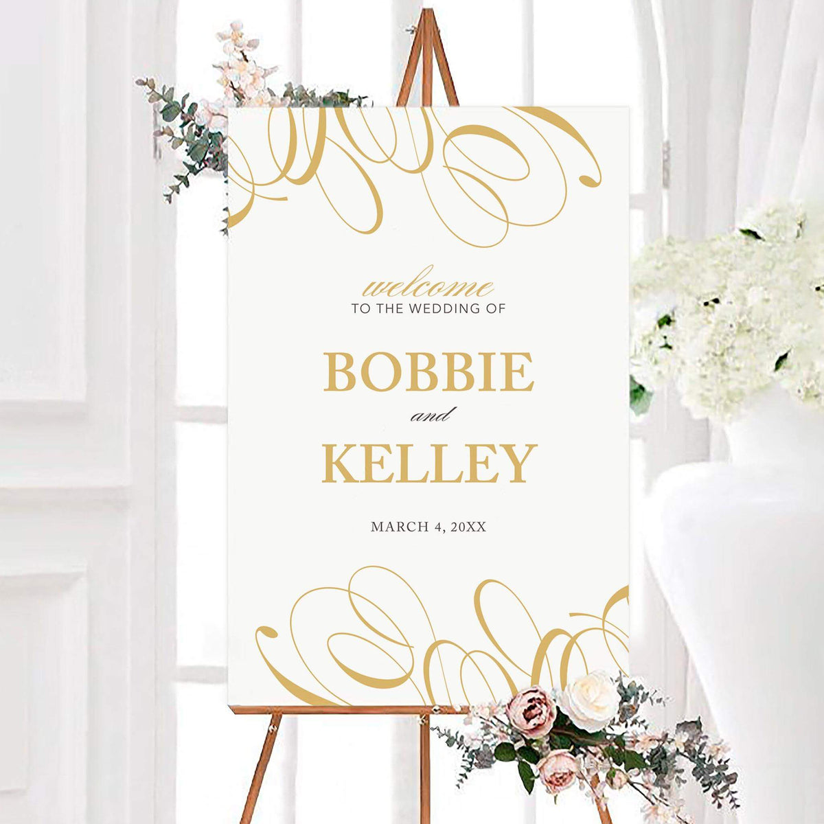 Personalized classic swirls wedding welcome sign featuring elegant swirling flourishes and classic typography. The couple’s names and wedding date are displayed prominently in the center.