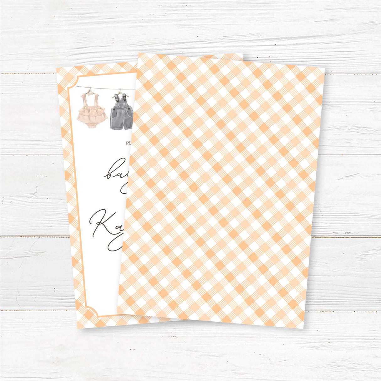 Printed rustic baby shower invitation featuring a vintage baby clothesline illustration and a peach gingham border. Perfect for a country or farmhouse baby shower. back