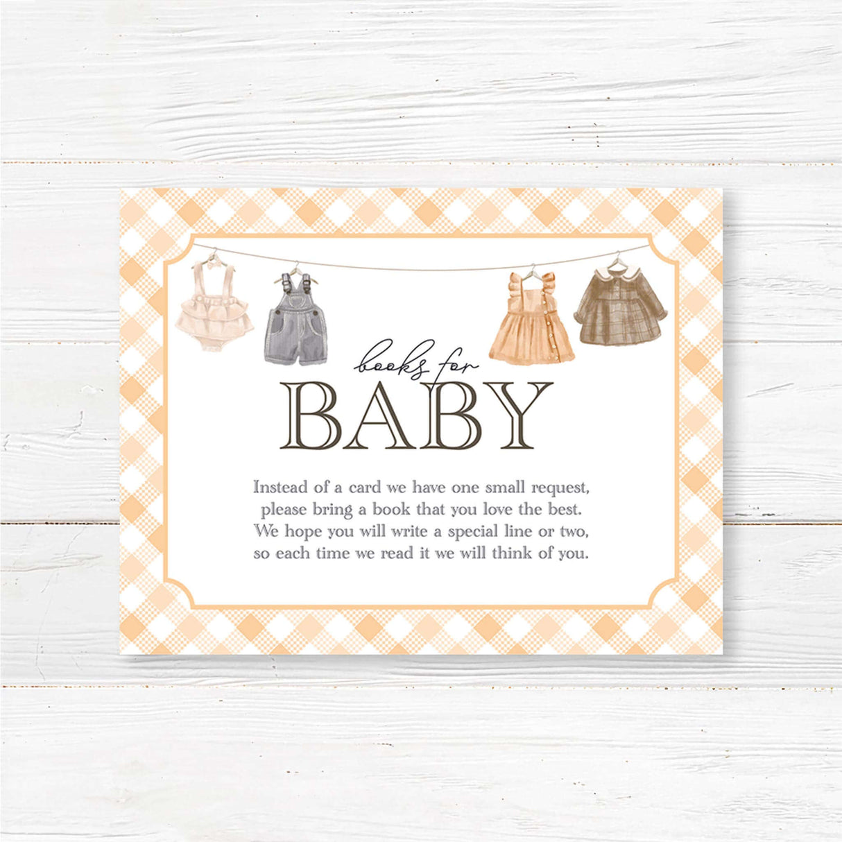 Printed baby shower book request card with a charming clothesline and gingham border. Encourages guests to bring a book instead of a card for the baby.