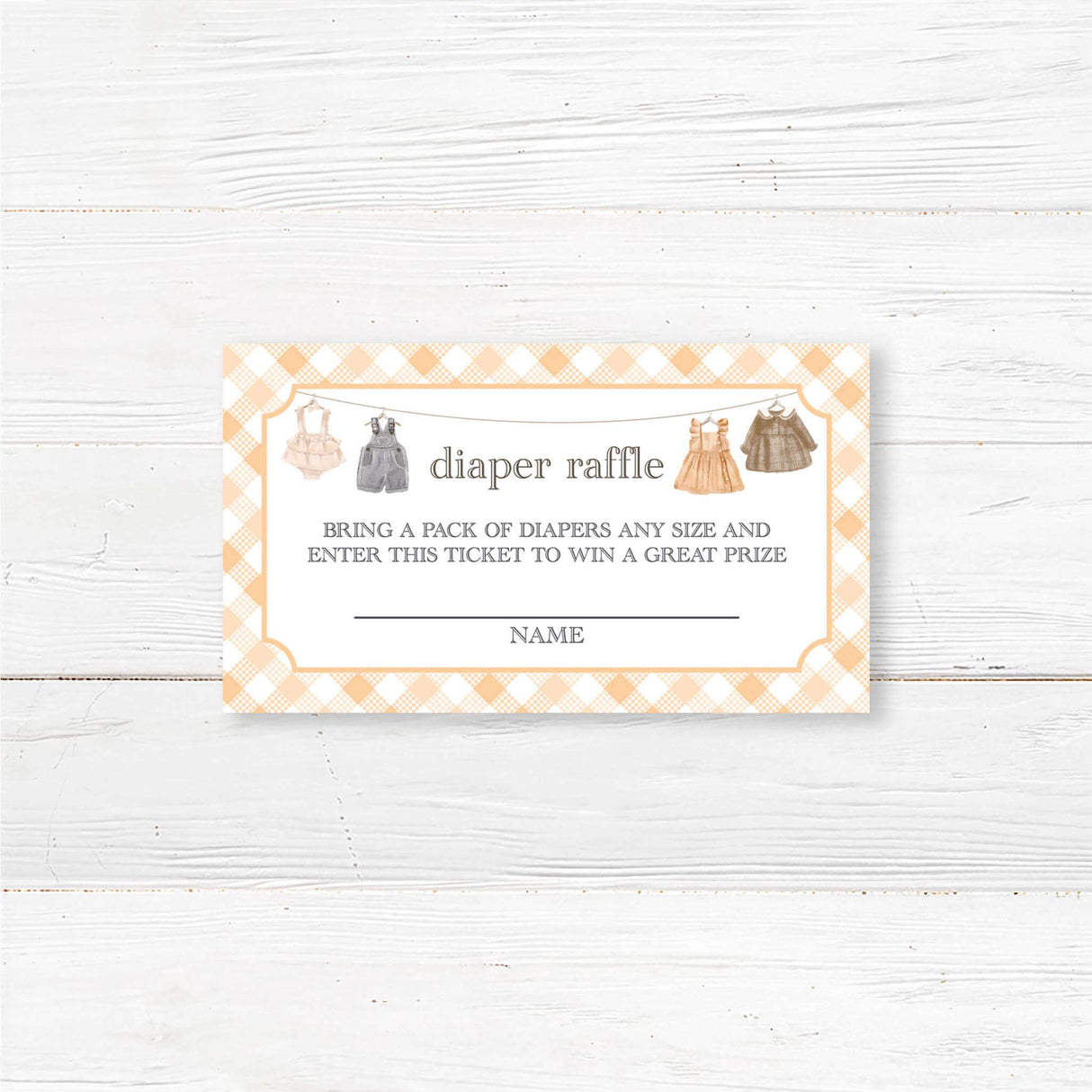 Rustic baby shower diaper raffle ticket with a baby clothesline design and gingham border. Printed on premium cardstock, perfect for a country-themed baby shower game.