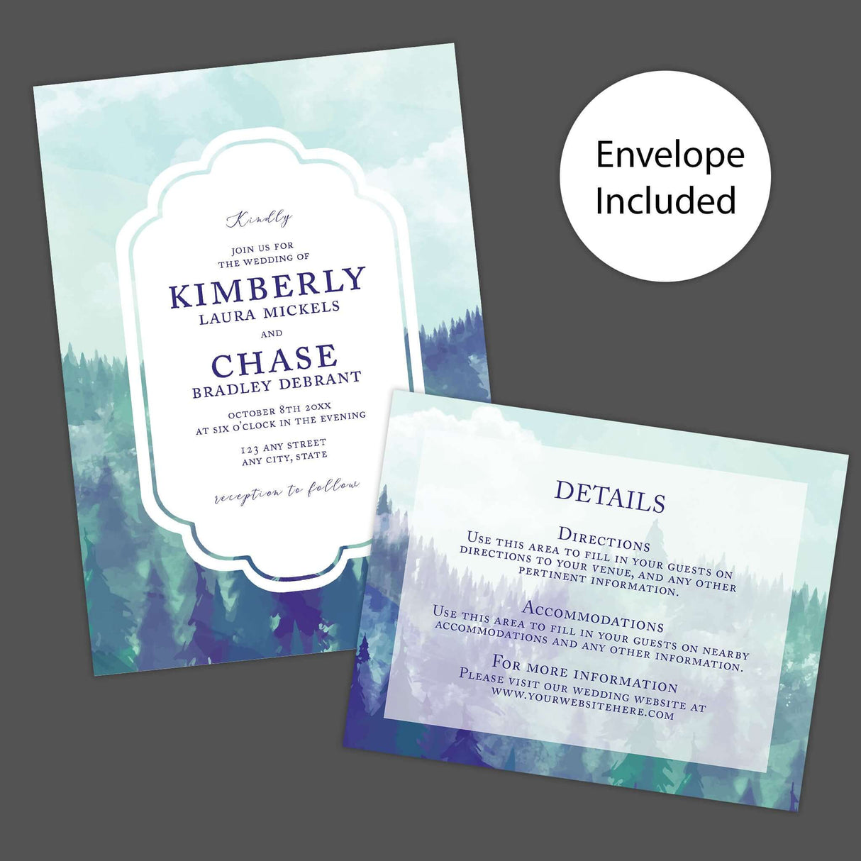 Cloudy Valley Wedding Invitation – Watercolor Mountain Landscape Design