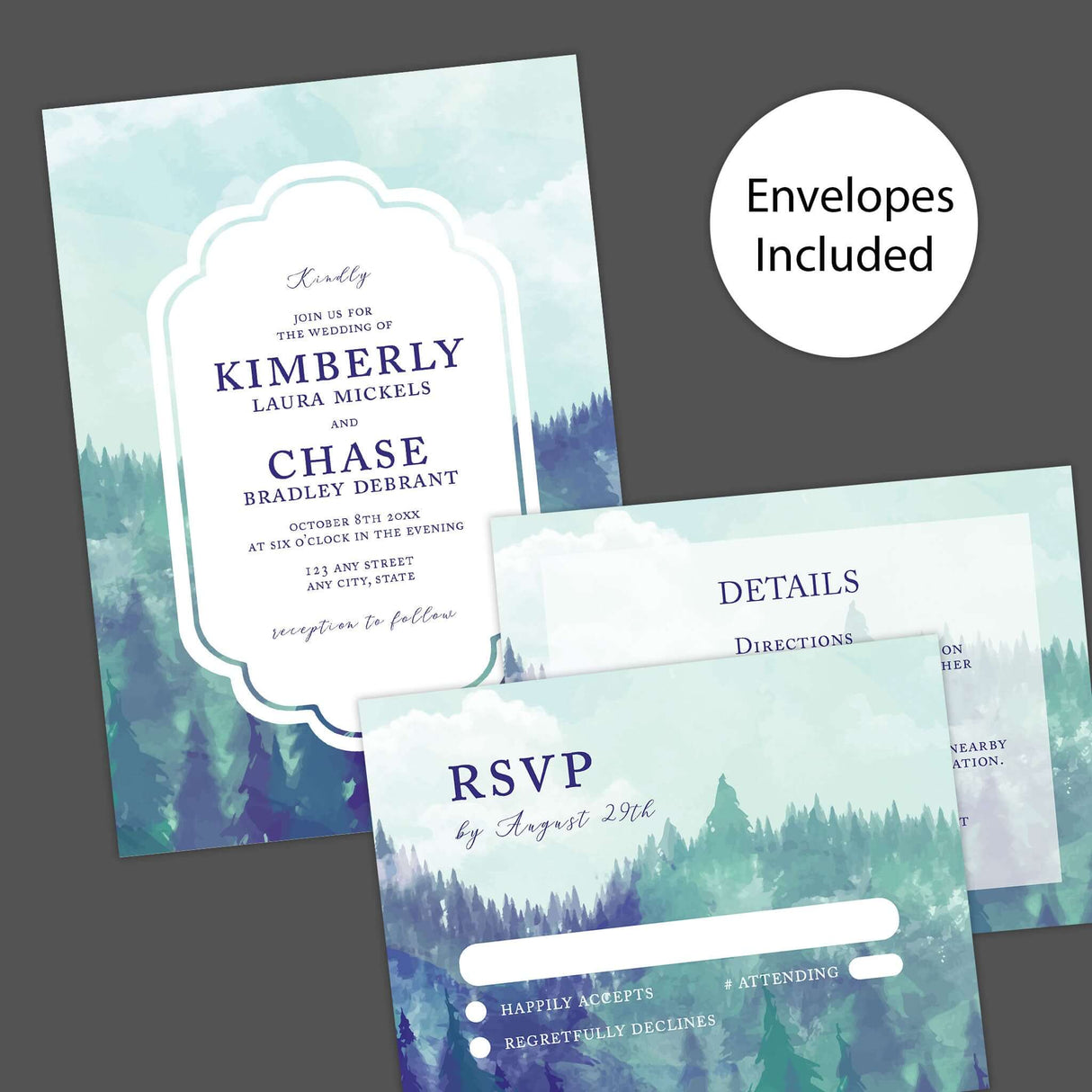 Cloudy Valley Wedding Invitation – Watercolor Mountain Landscape Design
