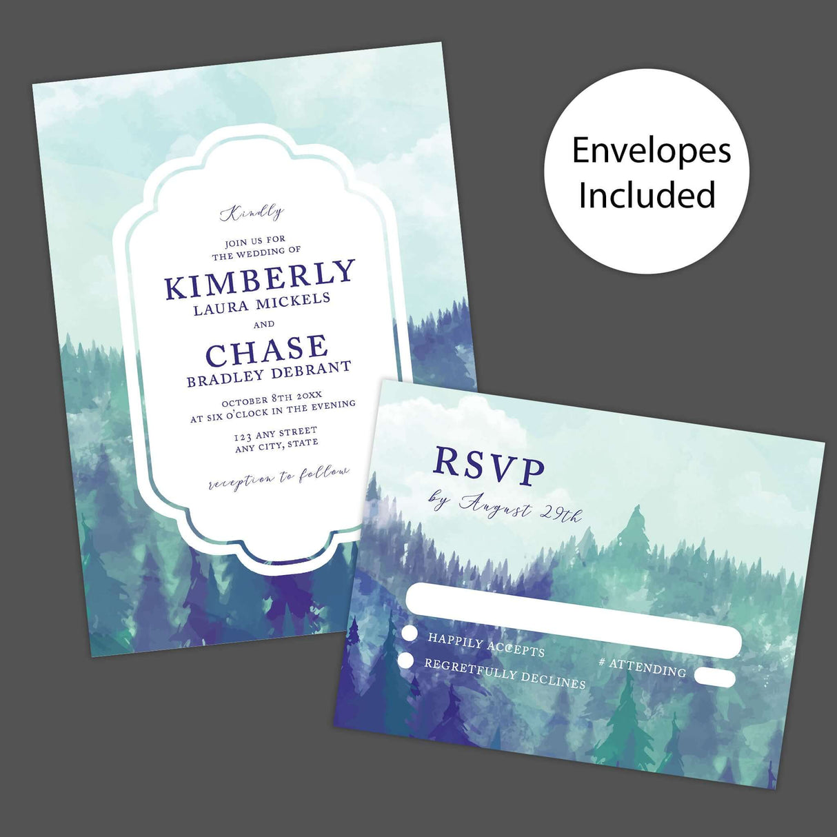 Cloudy Valley Wedding Invitation – Watercolor Mountain Landscape Design