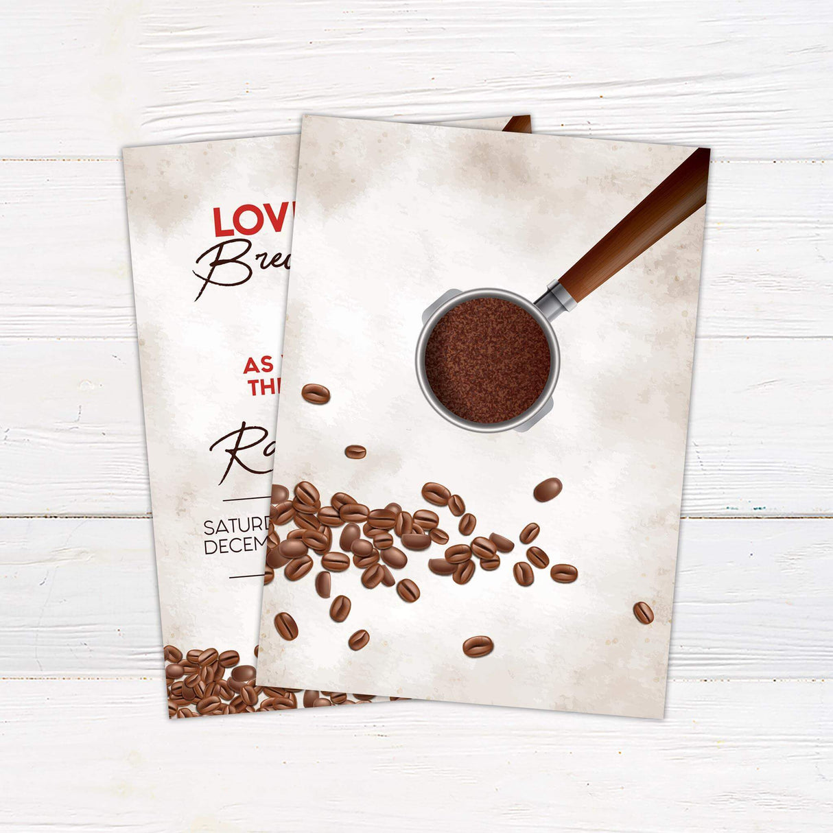 Coffee-themed wedding invitation with “Love is Brewing” text, coffee beans, espresso portafilter, red and brown fonts, and rustic background - back