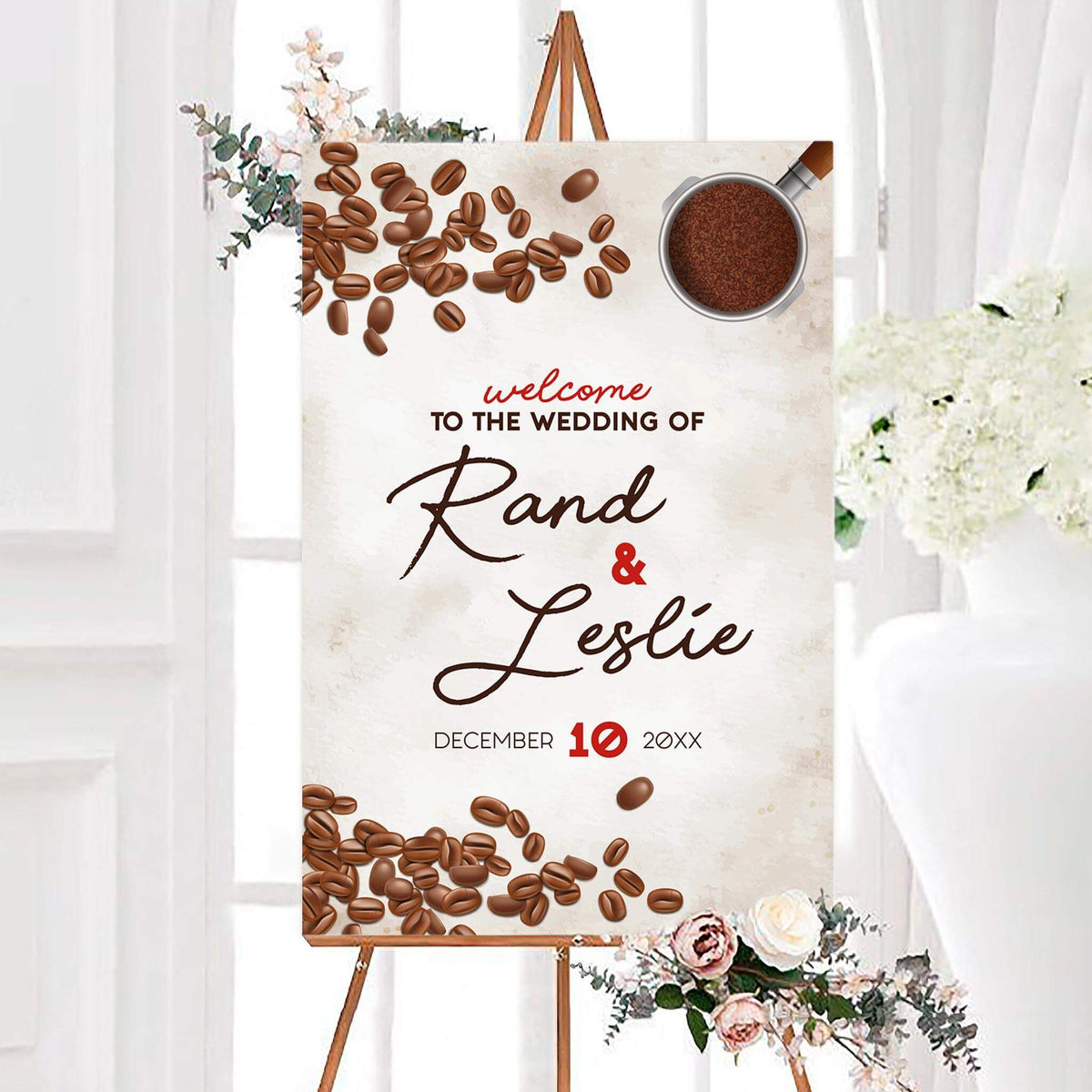 Personalized coffee lover wedding welcome sign featuring coffee beans and a cup of freshly brewed coffee. The design displays the couple’s names and wedding date in bold script lettering.