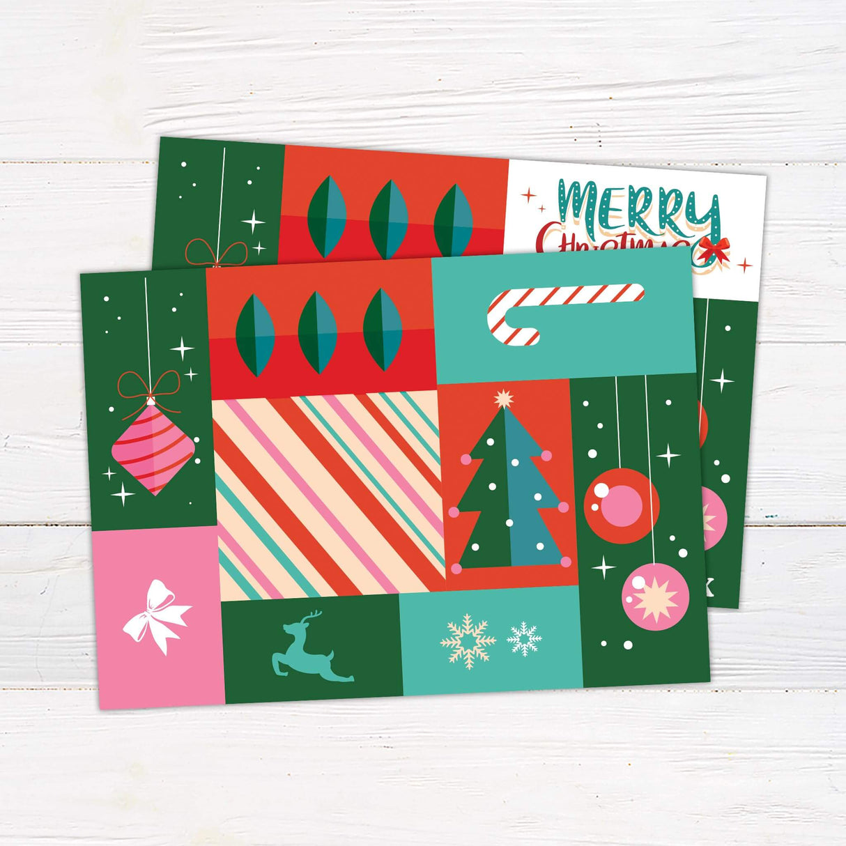 Colorful collage Christmas card with decorative ornaments, candy cane, Christmas tree, and customizable family photo spaces. - back.