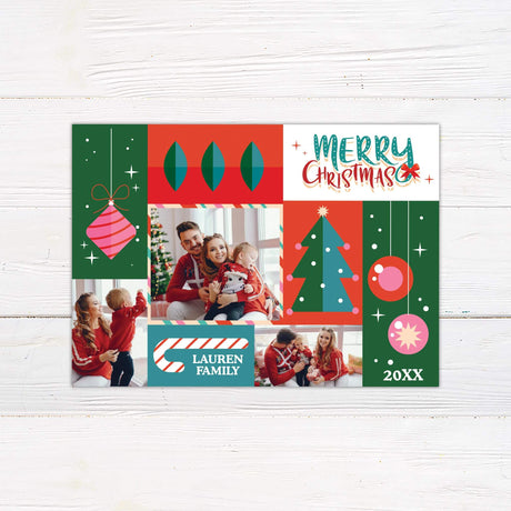 Colorful collage Christmas card with decorative ornaments, candy cane, Christmas tree, and customizable family photo spaces.