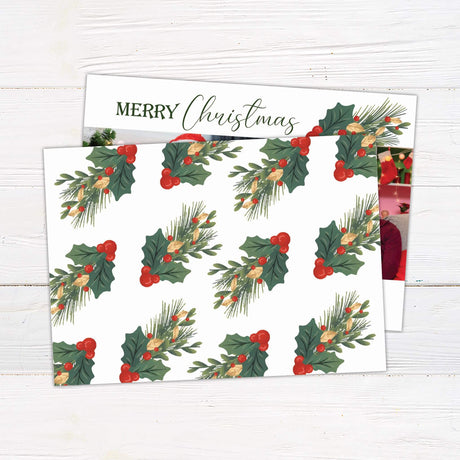 Christmas card with collage layout, holly accents, and space for multiple customizable family photos with personalized message. - back.