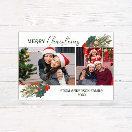 Christmas card with collage layout, holly accents, and space for multiple customizable family photos with personalized message.