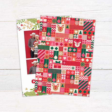 Collage-style Christmas card with four family photos, red background, bold Merry Christmas text, and watercolor greenery and ornament decorations. back side