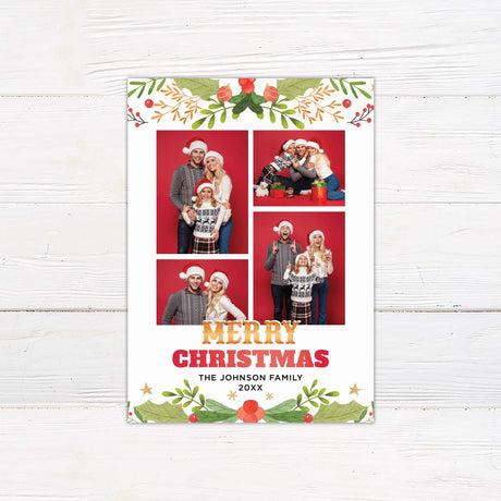 Collage-style Christmas card with four family photos, red background, bold Merry Christmas text, and watercolor greenery and ornament decorations.