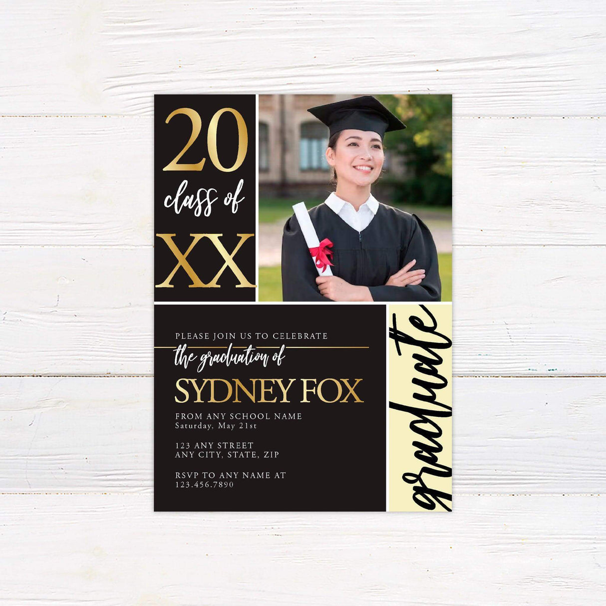 Alt text: Graduation invitation featuring bold custom color blocks and one photo on the front. One block displays the year, another highlights "graduate," and the third contains the graduation details. The back includes three additional photos. The design is customizable to match school colors. Black and Gold.