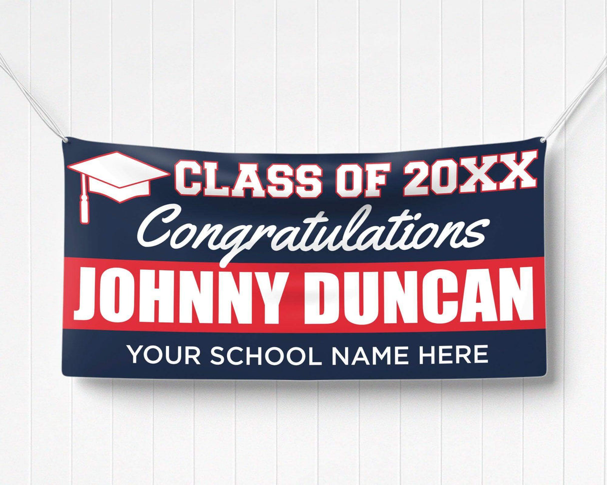 Custom graduation banner with bold graduate name, class of 20XX, and a mortarboard icon. Perfect for graduation parties, ceremonies, and celebrations. red and black
