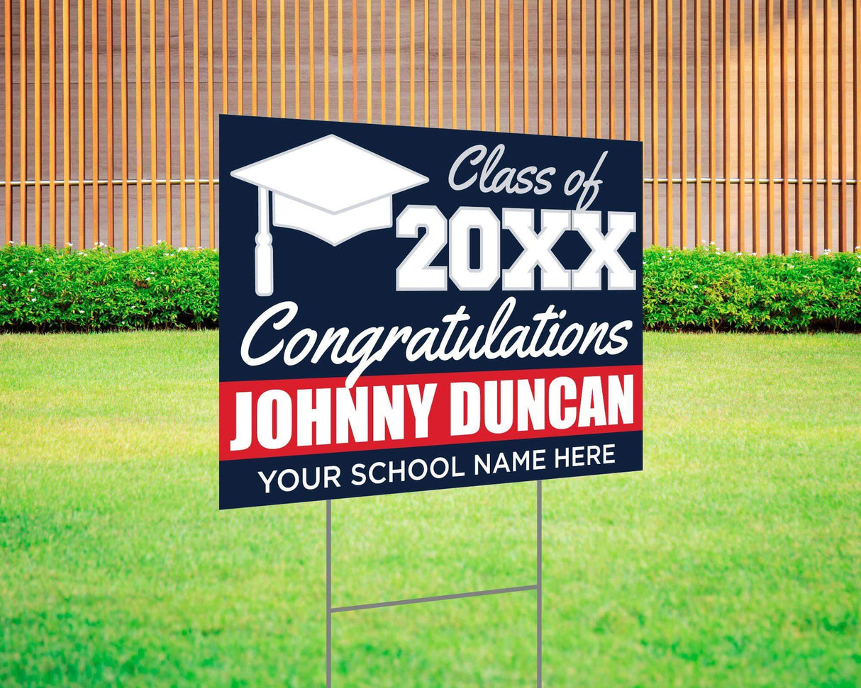 Custom graduation yard sign with bold red and black color block design, featuring a graduation cap graphic, personalized graduate’s name, school, and class year. Printed on durable Coreplast plastic, available in single or double-sided print, perfect for high school and college graduates.