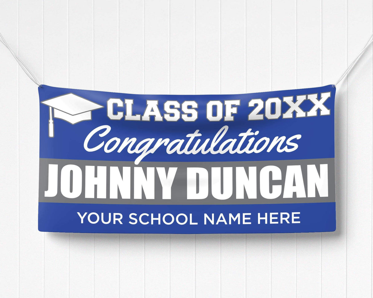 Custom graduation banner with bold graduate name, class of 20XX, and a mortarboard icon. Perfect for graduation parties, ceremonies, and celebrations. blue and gray