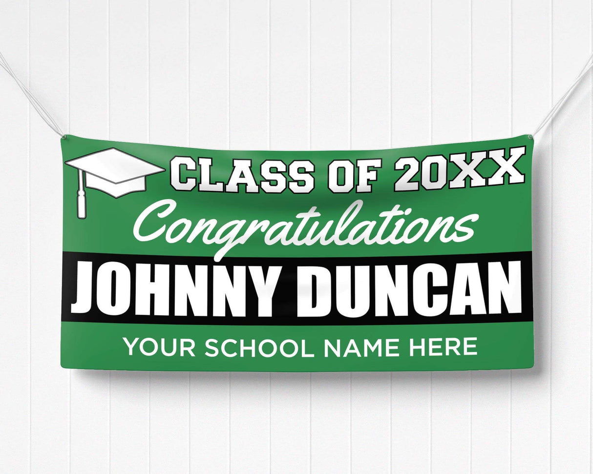 Custom graduation banner with bold graduate name, class of 20XX, and a mortarboard icon. Perfect for graduation parties, ceremonies, and celebrations. green and black