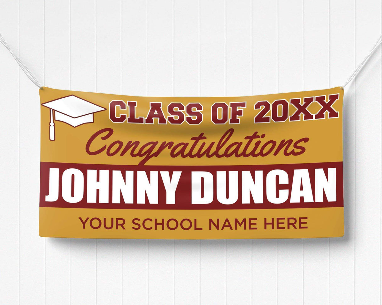 Custom graduation banner with bold graduate name, class of 20XX, and a mortarboard icon. Perfect for graduation parties, ceremonies, and celebrations. burgundy and brown