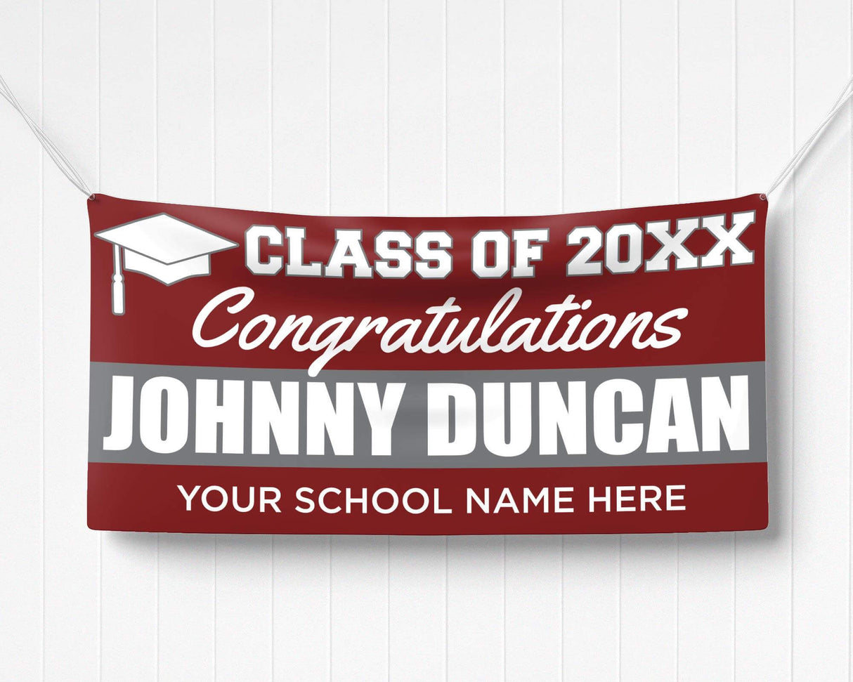 Custom graduation banner with bold graduate name, class of 20XX, and a mortarboard icon. Perfect for graduation parties, ceremonies, and celebrations. burgundy and gray