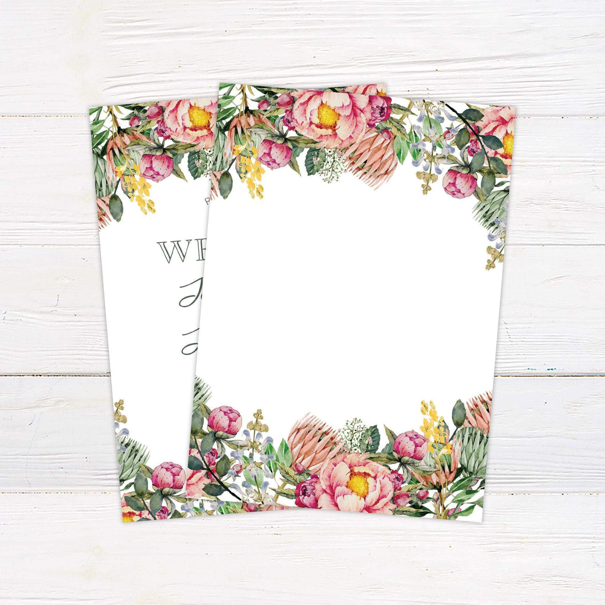 Wedding invitation with colorful watercolor floral border of peonies and wildflowers, featuring elegant script and serif text layout on a white background. back