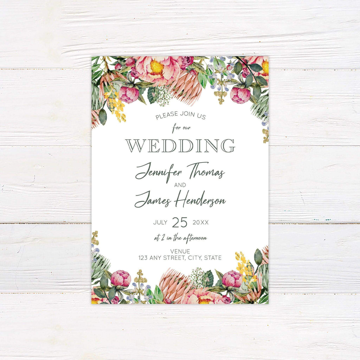 Wedding invitation with colorful watercolor floral border of peonies and wildflowers, featuring elegant script and serif text layout on a white background.
