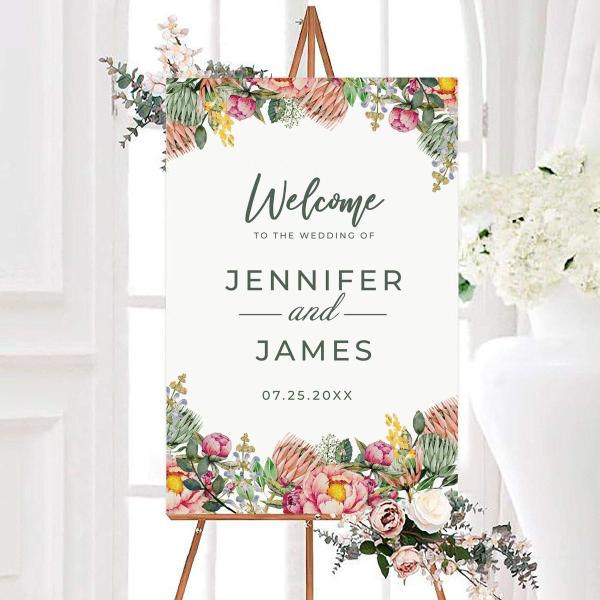 Personalized colorful garden floral wedding welcome sign featuring colorful watercolor peonies, delicate wildflowers, lush greenery, and elegant sage green lettering. The botanical wedding sign includes customizable couple's names and wedding date framed by romantic floral arrangements.