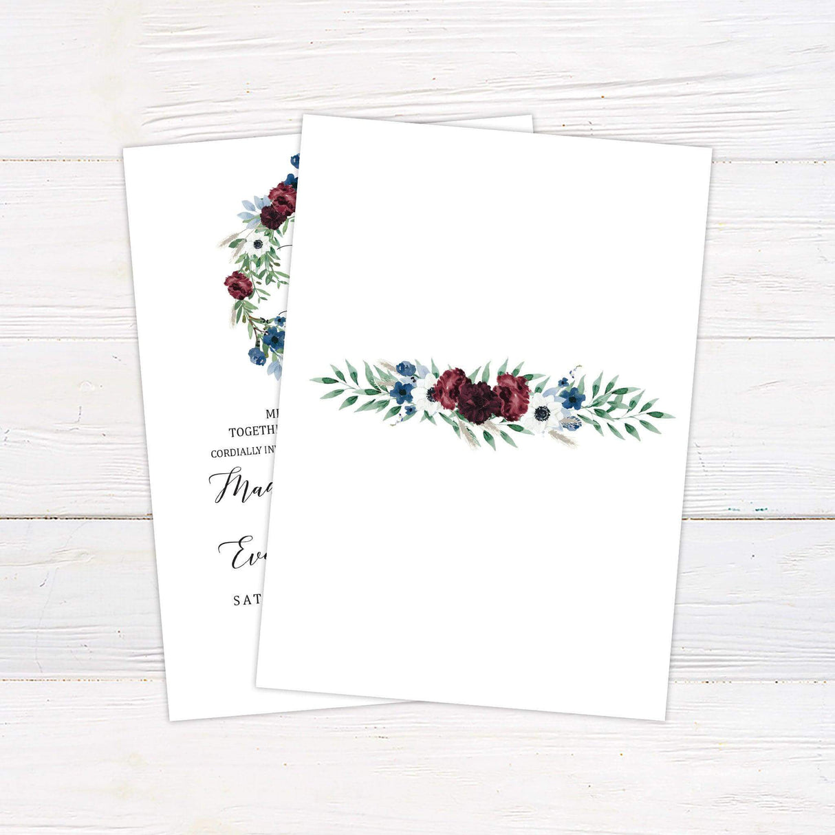 Wedding invitation with watercolor floral wreath in burgundy and blue, elegant script fonts, and classic wedding layout on white background - back