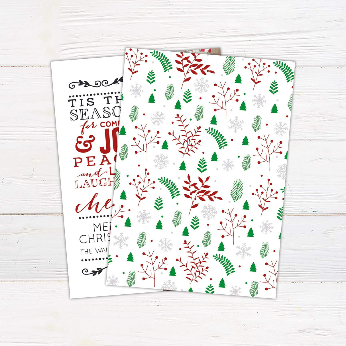 Modern Christmas card design with festive typography reading “Comfort and Joy,” paired with three family photo slots and seasonal colors in red and black. back side