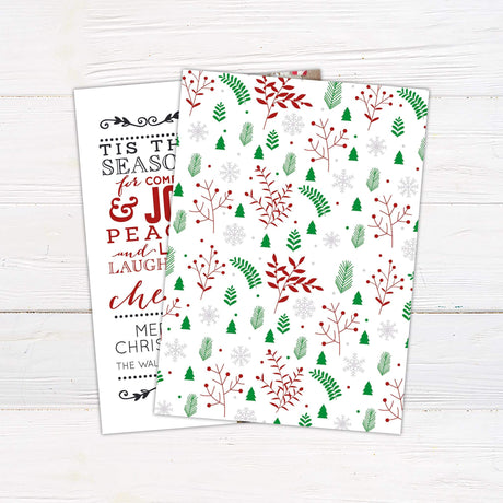 Modern Christmas card design with festive typography reading “Comfort and Joy,” paired with three family photo slots and seasonal colors in red and black. back side