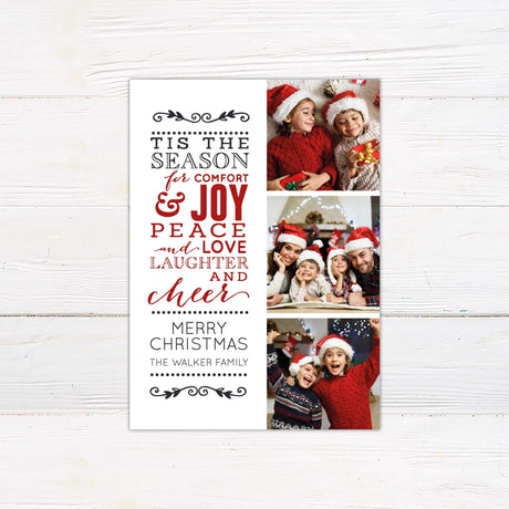 Modern Christmas card design with festive typography reading “Comfort and Joy,” paired with three family photo slots and seasonal colors in red and black.