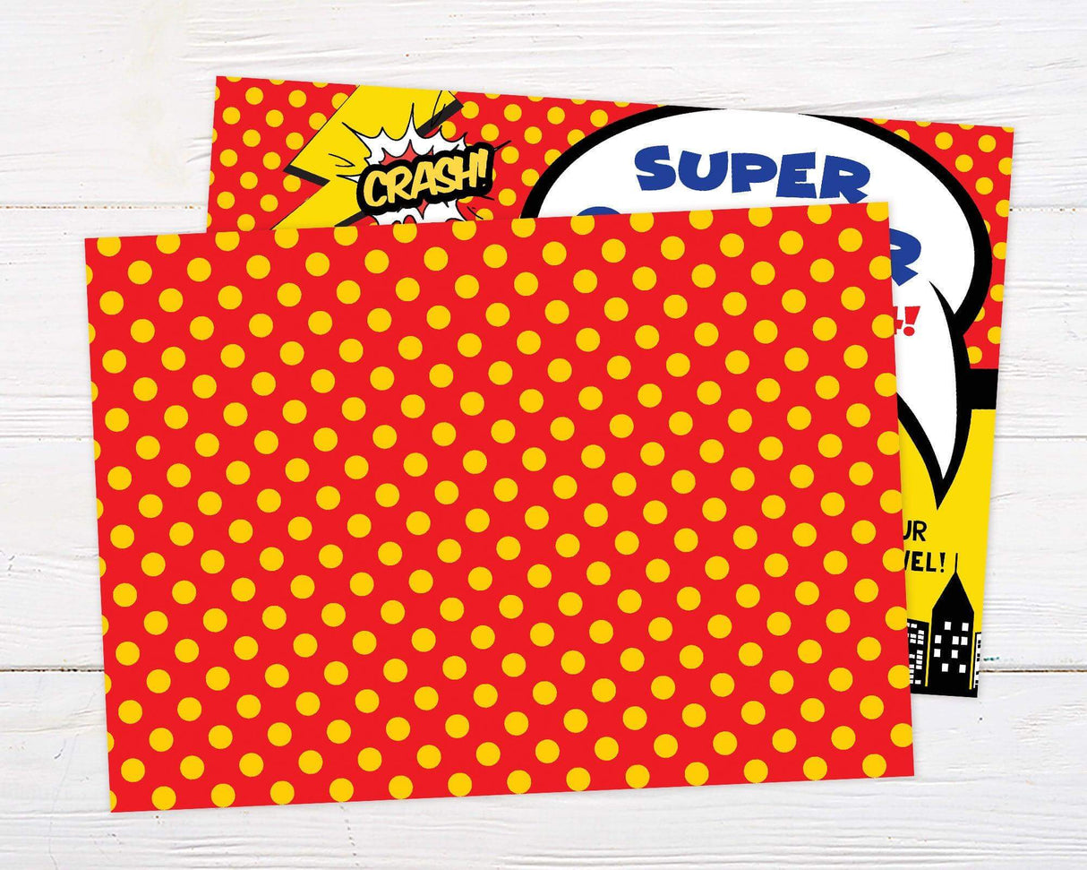 Comic book-style birthday invitation featuring bright colors, bold text, and action words like "Crash!" and "Ka-Boom!" against a polka dot background. Includes party details, RSVP, and a reminder to bring a swimsuit and towel. Back.