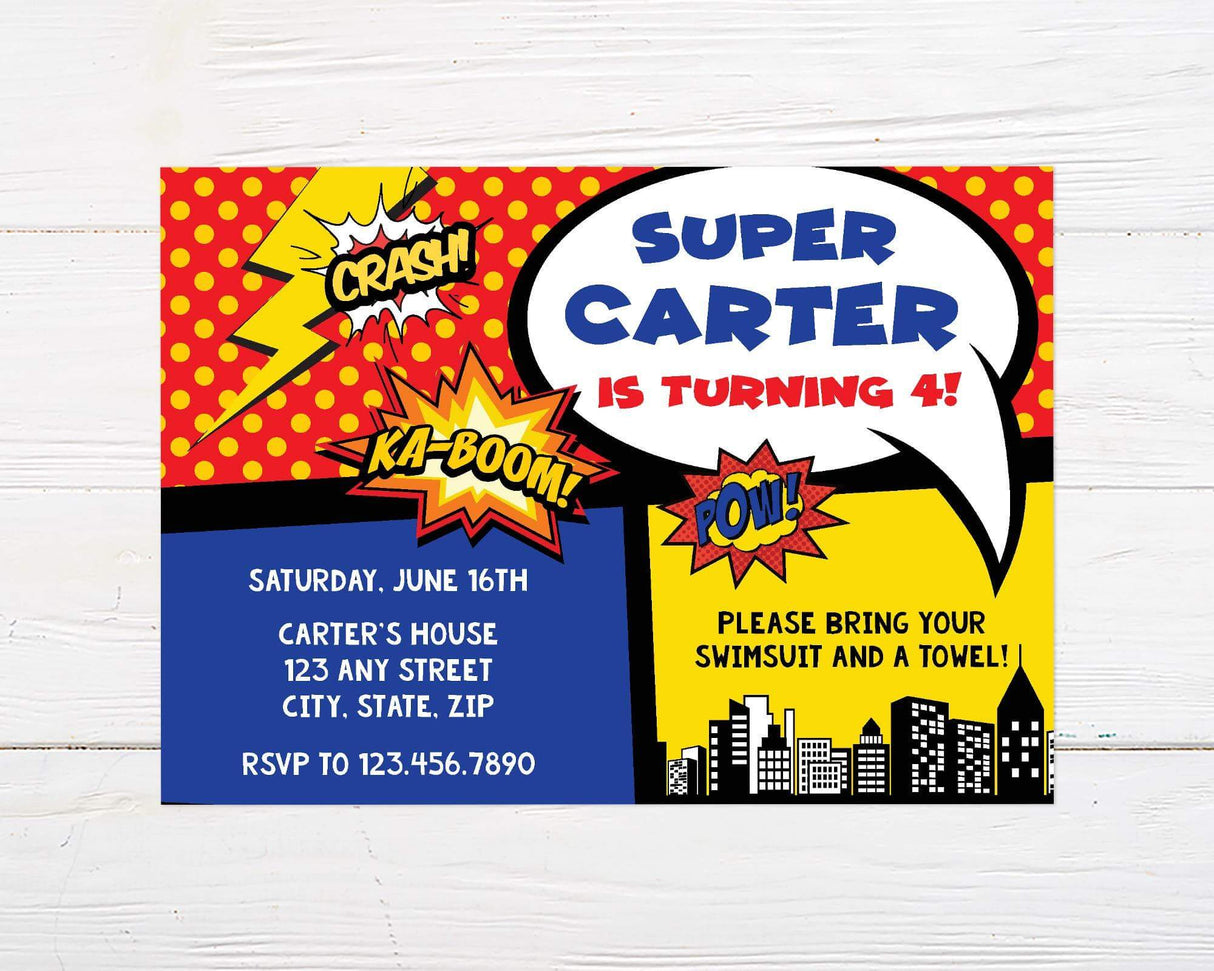 Comic book-style birthday invitation featuring bright colors, bold text, and action words like "Crash!" and "Ka-Boom!" against a polka dot background. Includes party details, RSVP, and a reminder to bring a swimsuit and towel.