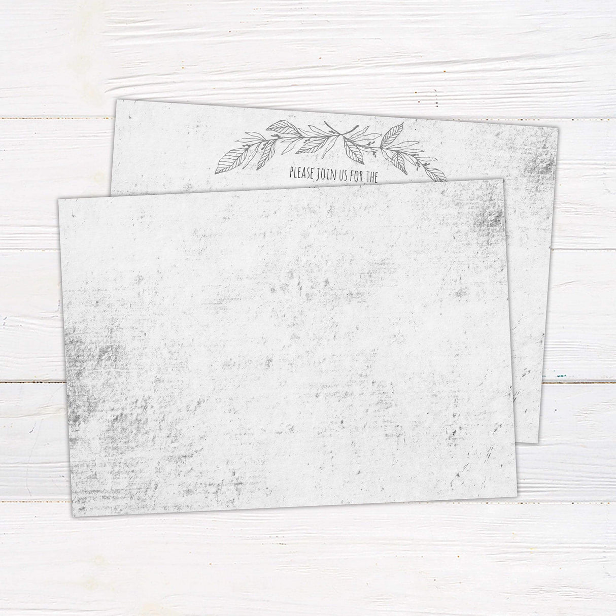 Minimalist wedding invitation with rustic concrete texture, hand-drawn leaves, gray botanical theme, and elegant serif fonts - back