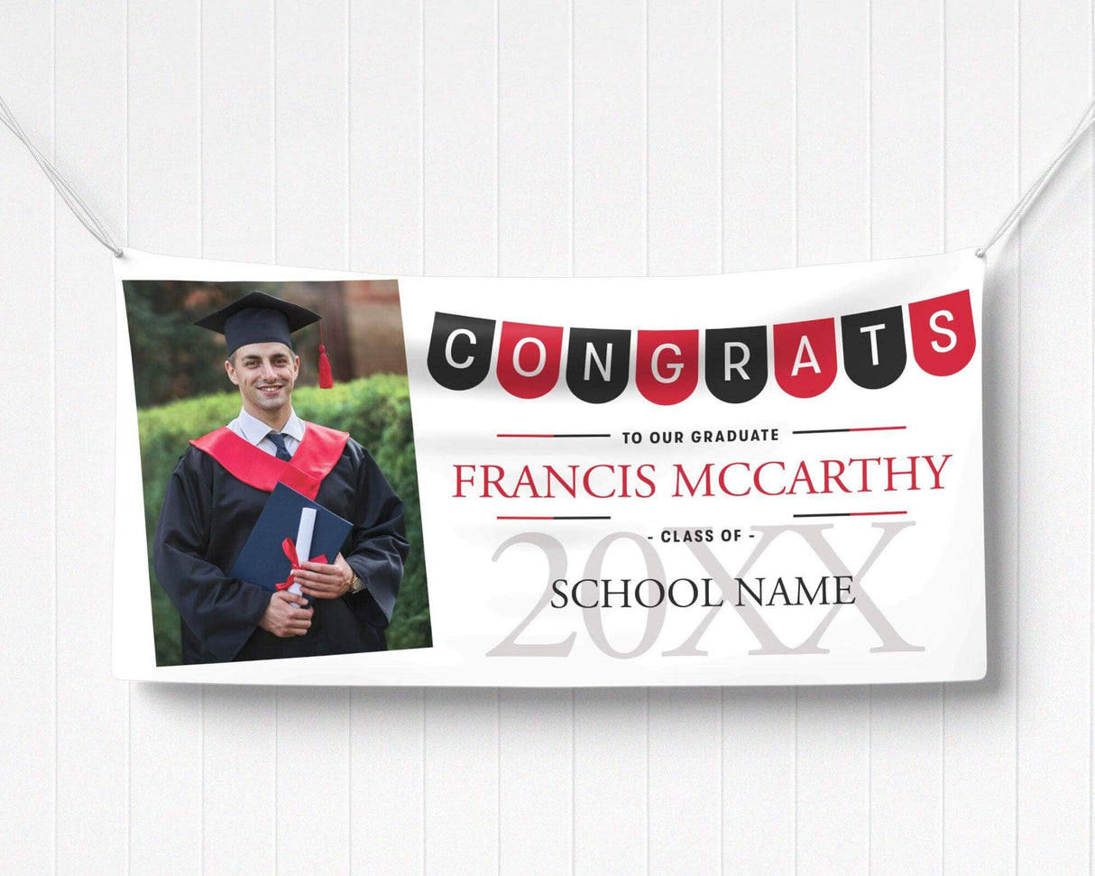 Graduation vinyl banner featuring a festive "Congrats" pennant banner, graduate photo, bold class year, and customizable school name in elegant text. black and red