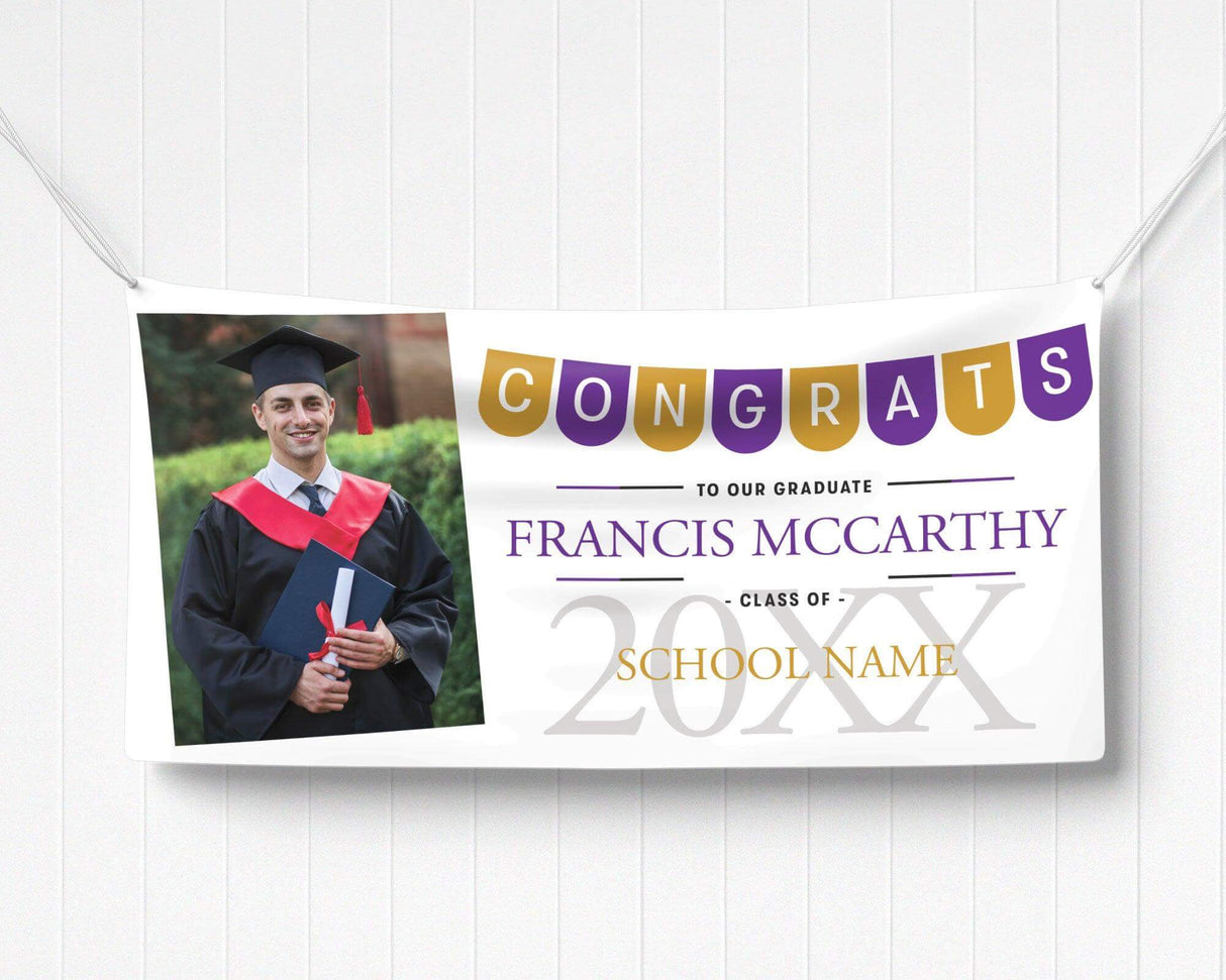 Graduation vinyl banner featuring a festive "Congrats" pennant banner, graduate photo, bold class year, and customizable school name in elegant text. purple and gold