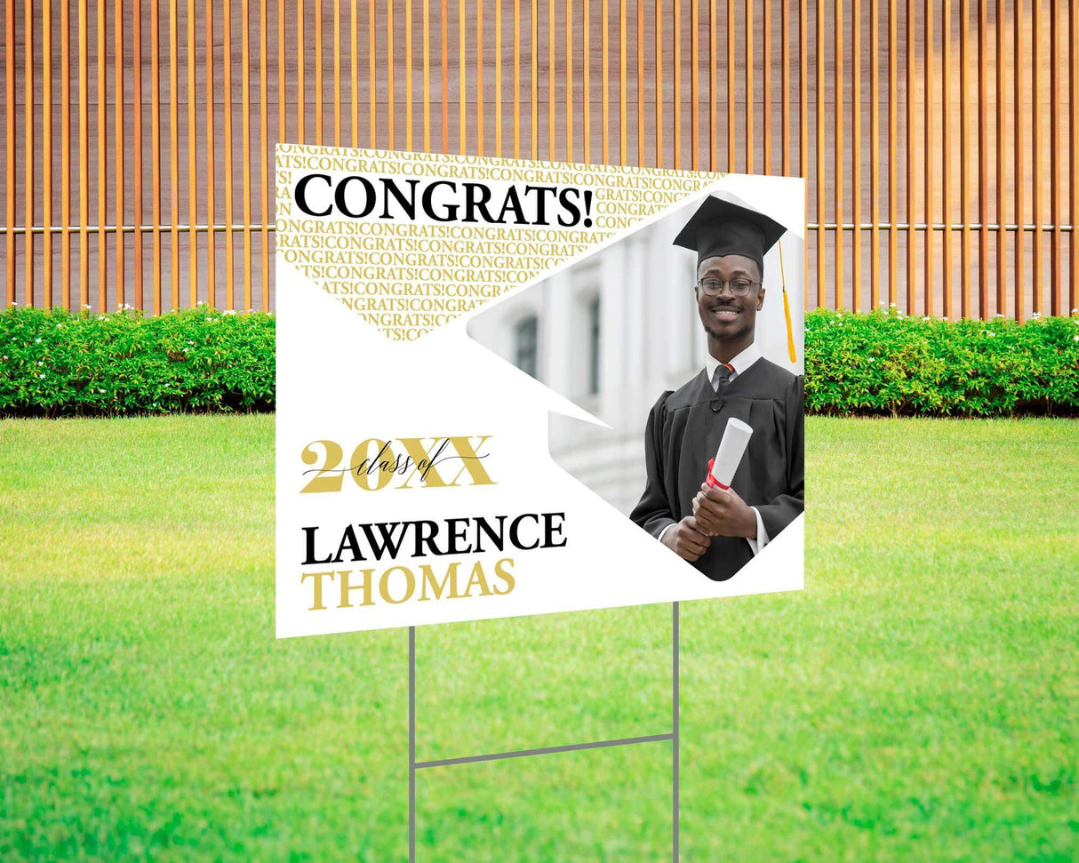 Custom graduation yard sign with photo, featuring a gold and black Congrats design, personalized graduate’s name, class year, and photo. Printed on durable Coreplast plastic, available in single or double-sided print, perfect for high school and college graduates.