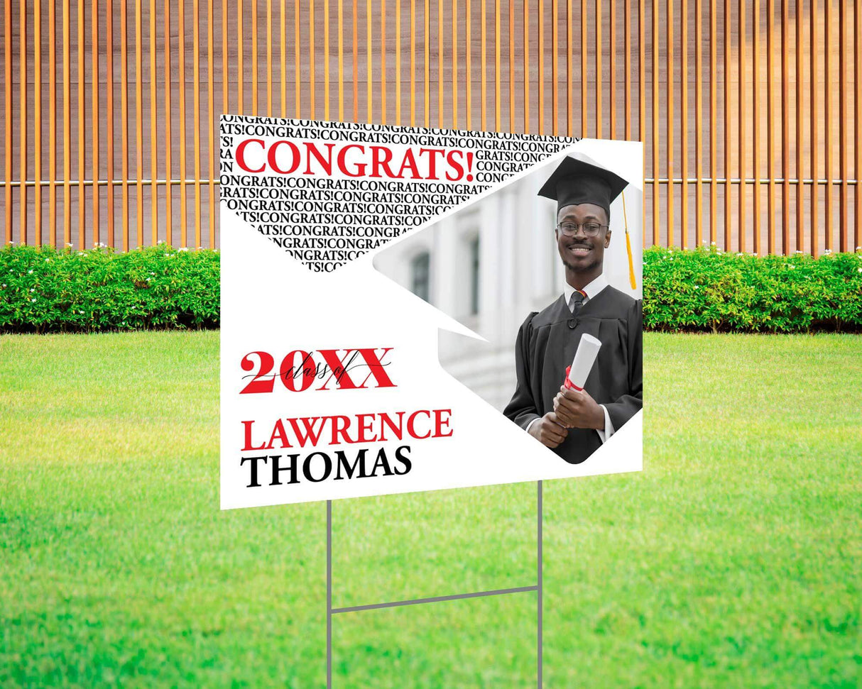 Custom graduation yard sign with photo, featuring a red and black Congrats design, personalized graduate’s name, class year, and photo. Printed on durable Coreplast plastic, available in single or double-sided print, perfect for high school and college graduates
