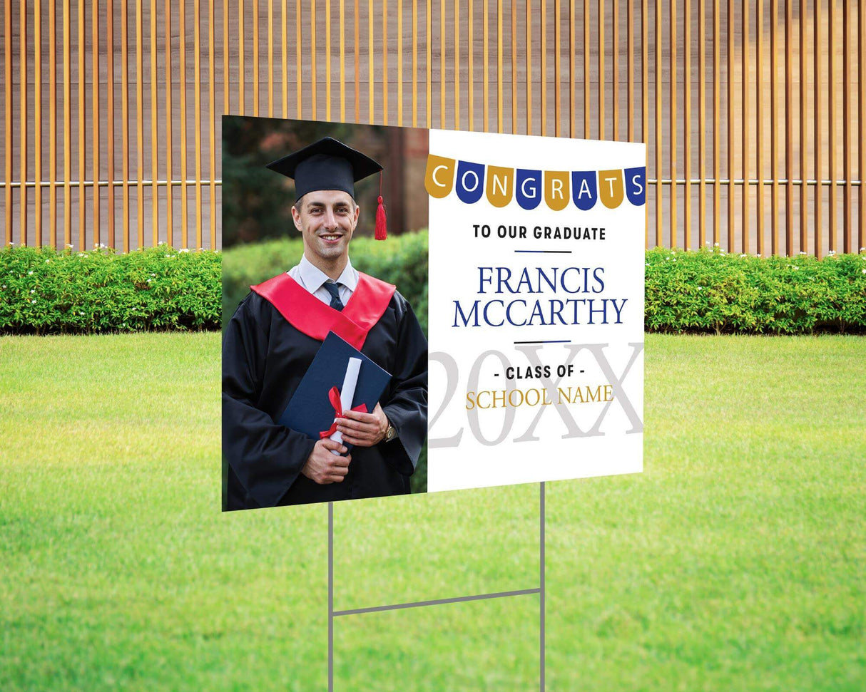 Custom graduation yard sign with photo featuring a Congrats banner in blue and gold, graduate's name, school name, and class year. Printed on durable Coreplast plastic, available in single or double-sided print, perfect for high school and college graduates.