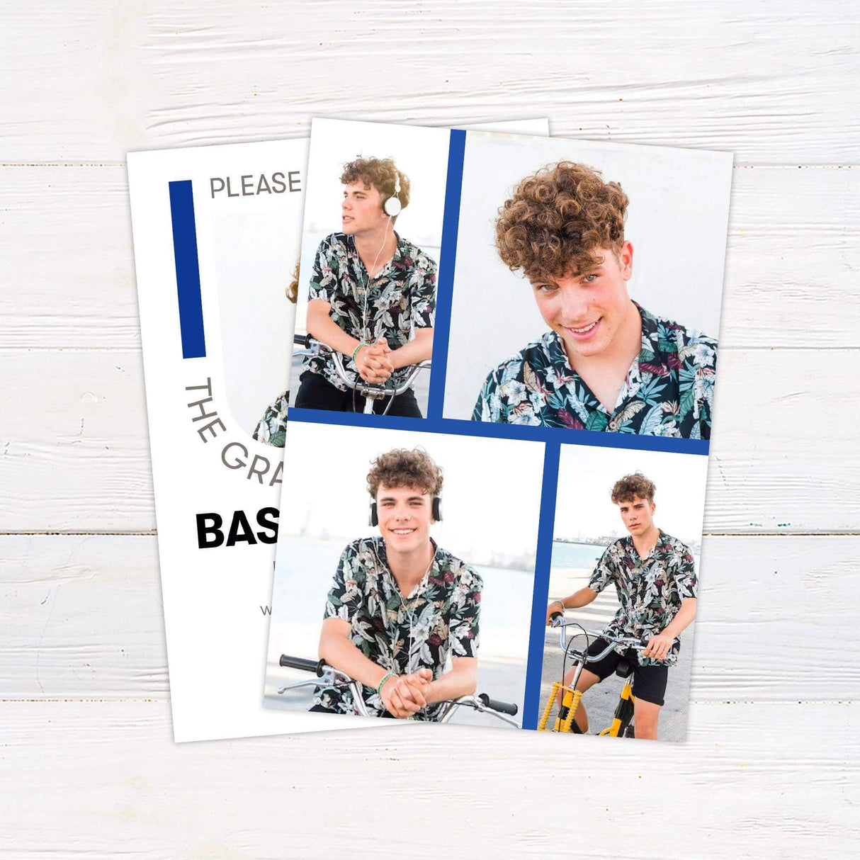 Modern graduation invitation with bold typography, curved text around a photo, and customizable color accents. Features a contemporary layout with a stylish design. Four additional photos 
on the back. Back Blue and Black