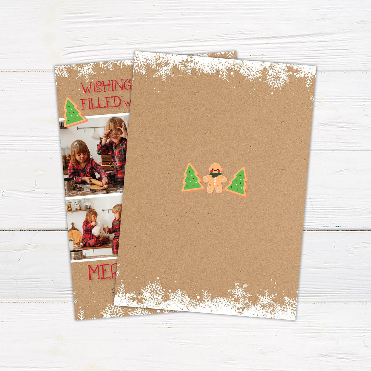 Rustic Christmas card with kraft background, baking theme, and multiple customizable family photo spaces with holiday message. - back.