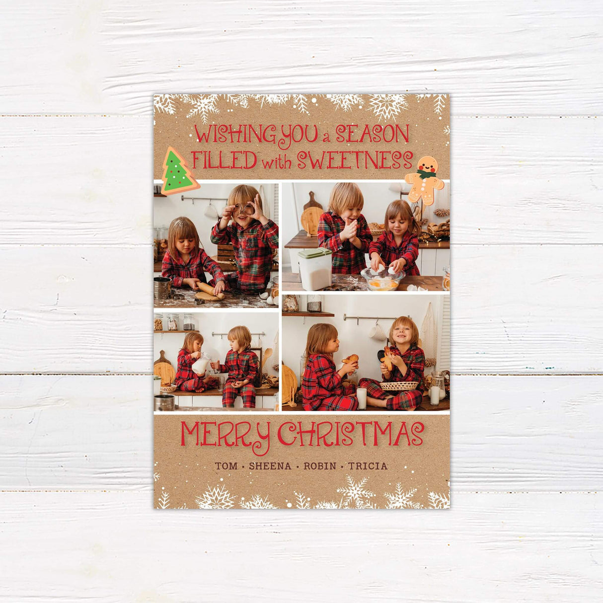 Rustic Christmas card with kraft background, baking theme, and multiple customizable family photo spaces with holiday message.