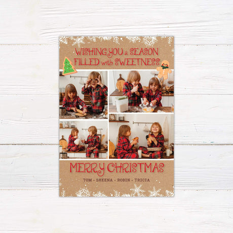 Rustic Christmas card with kraft background, baking theme, and multiple customizable family photo spaces with holiday message.